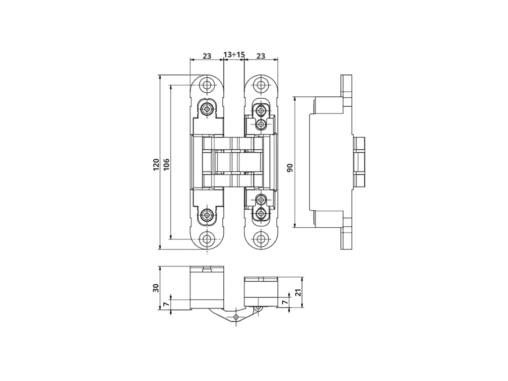 Петля скрытая OTLAV, 3D, универсальная, 120x23 мм, 60 кг, корпус без покрытия, шарнирная часть цвет черный матовый (attach5 51557)