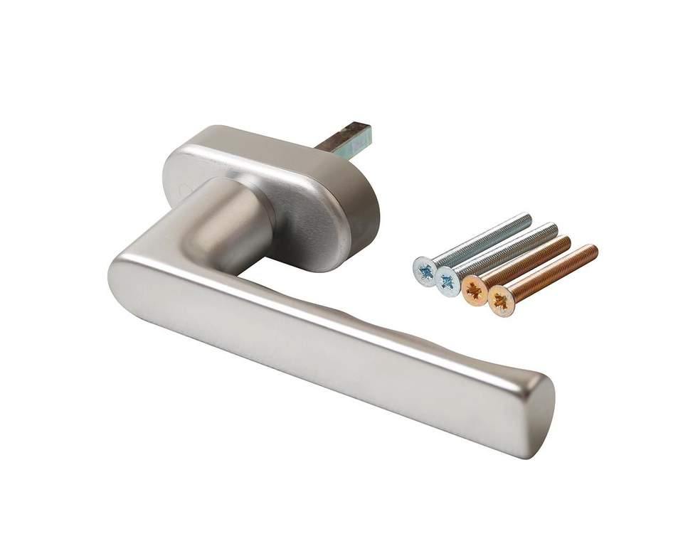 Ручка оконная алюминиевая HOPPE Hamburg SecuForte, штифт vario fit 32-42 мм, 45°, 2 винта М5х45, 2 винта М5х50, серебро (attach2 49792)