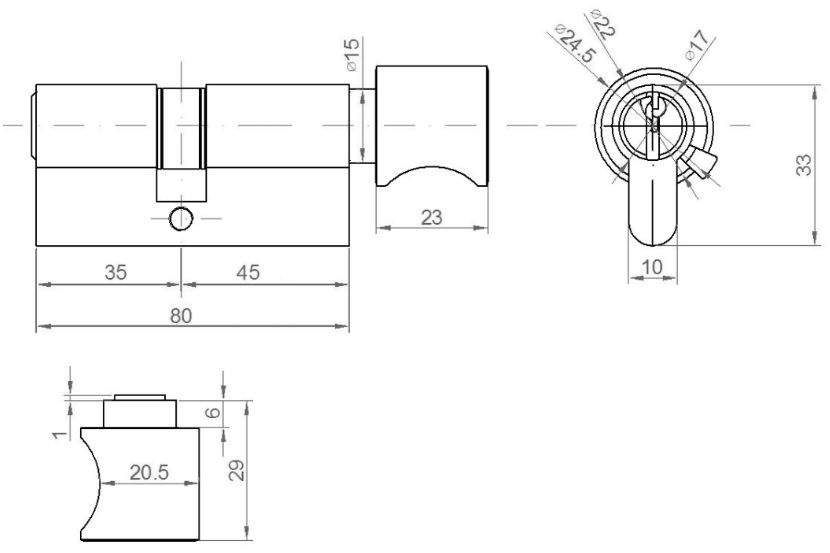 Цилиндр профильный ELEMENTIS с ручкой 35(ключ)/45(ручка), 5 ключей, никелированный (attach1 47081)