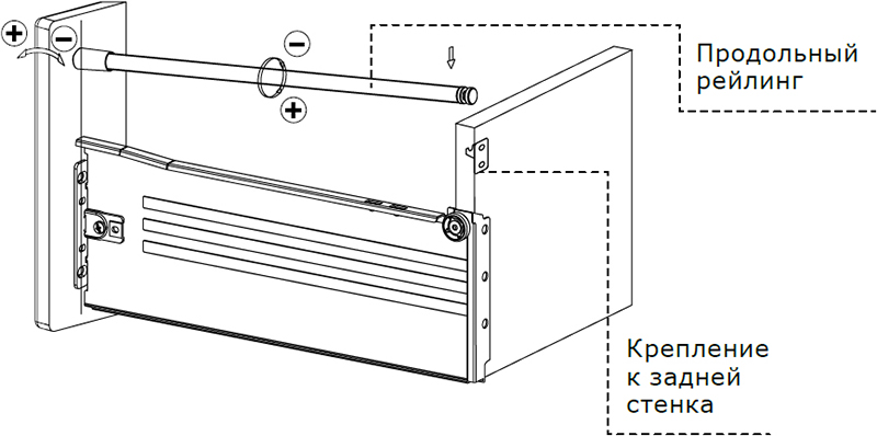 Металлическое крепление продольного рейлинга к деревянной задней стенки для выдвижного ящика FGV